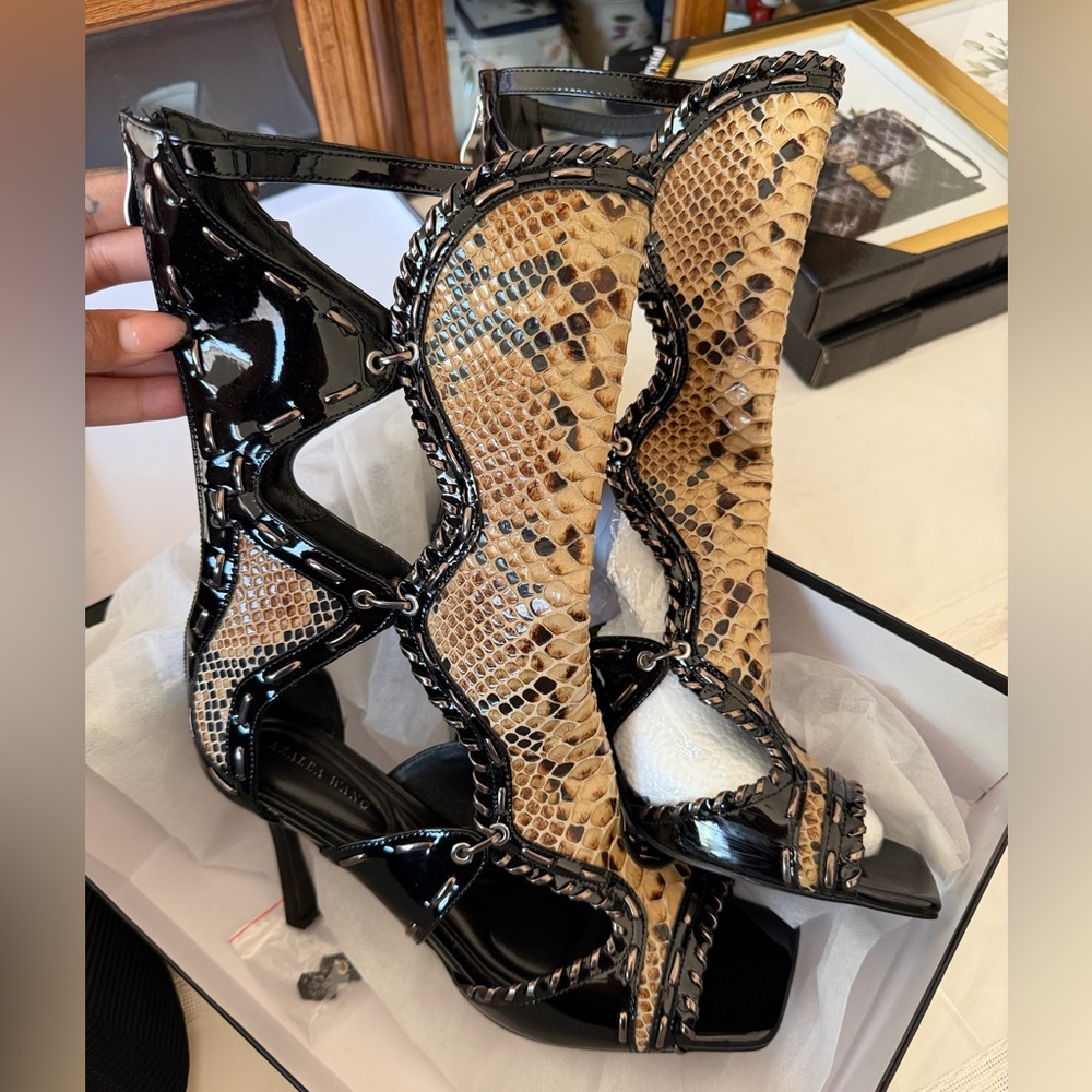 AKIRA Black Patent and Tan Snake-Print Strappy Stilettos